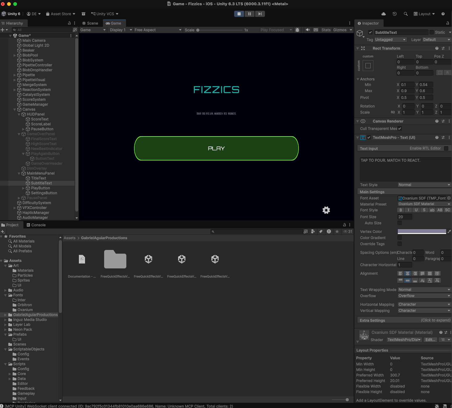 Main menu with FIZZICS title, neon button styling, and Orbitron font